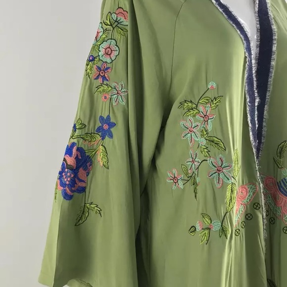 New! Olive Floral Embroidered Kimono Duster - Picture 6 of 10